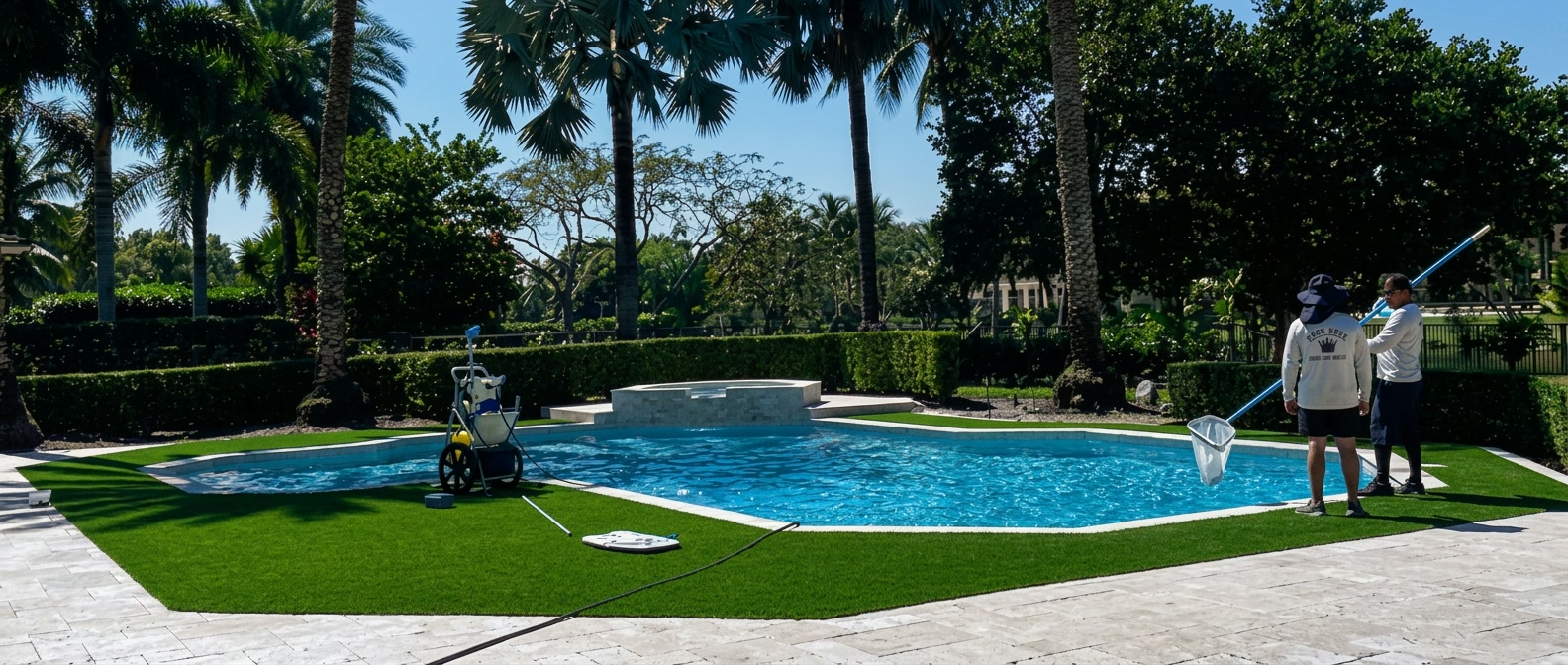 Pool King technicians skimming and vacuuming a clean backyard pool in Broward County