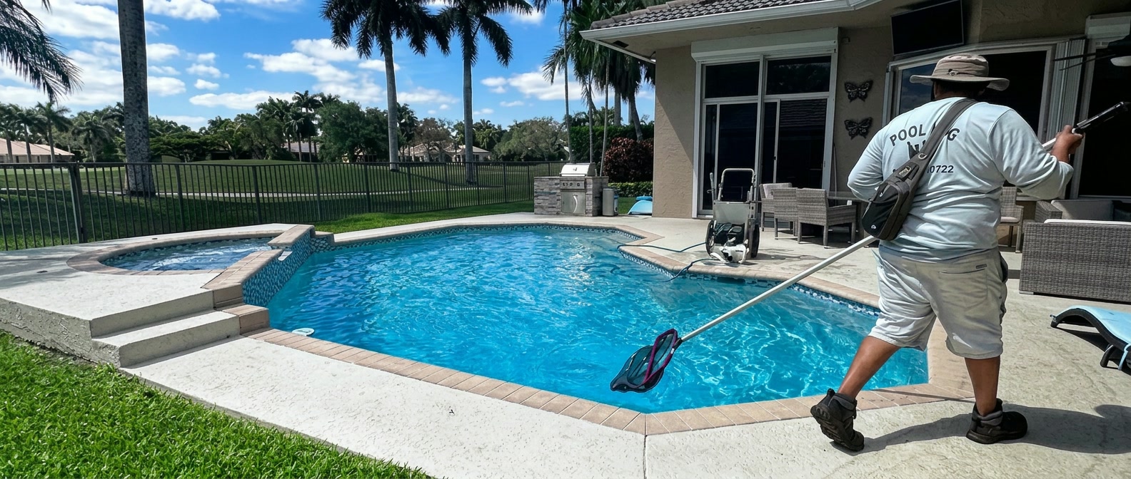 Pool King technician brushing and netting a homeowner's pool